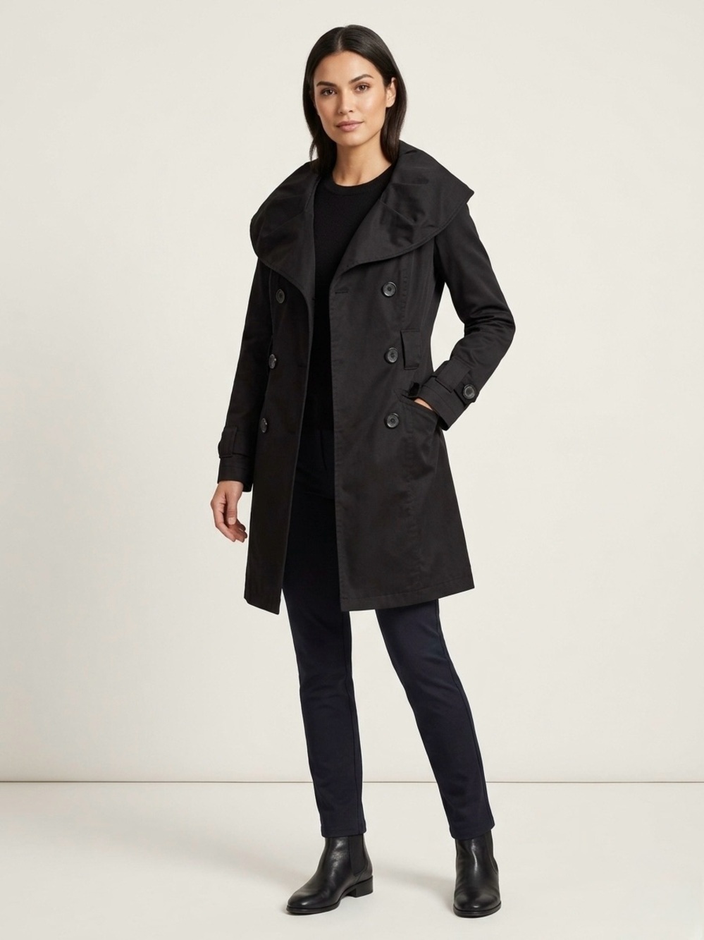 Louie Louie Black Double-Breasted Trench Jacket Wide Draped Collar - Size XS